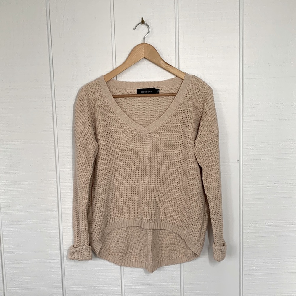 MINKPINK Chunky Knit Oversized V-neck Sweater w/ hi-lo hem